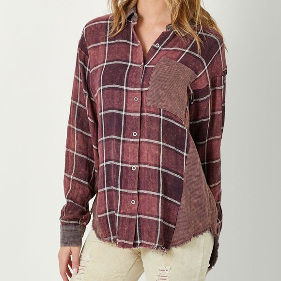 MYSTREE Oversized Plaid Button Down Shacket, Burgundy Wine Checkered, Grunge - Picture 5 of 8